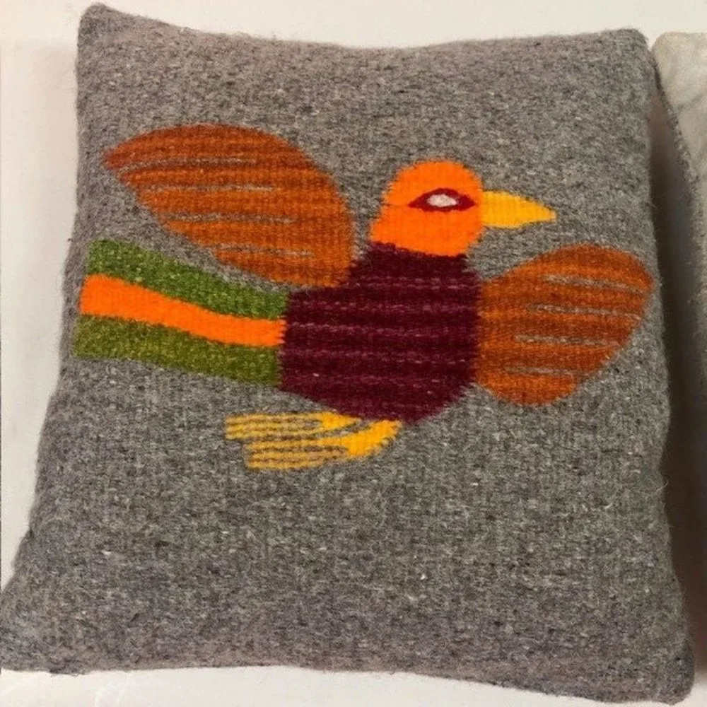 2‎ Vintage Woven Wool Bird Pillows with Velvet Backs